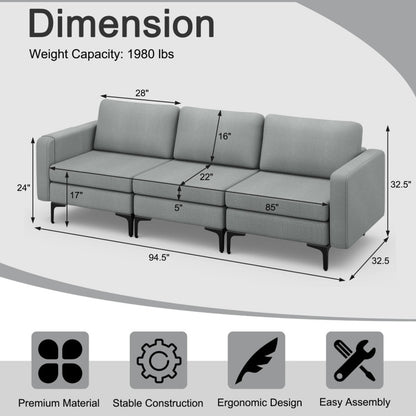 3-Seat Sectional Sofa with Armrest Storage Pocket and Stylish Metal Legs