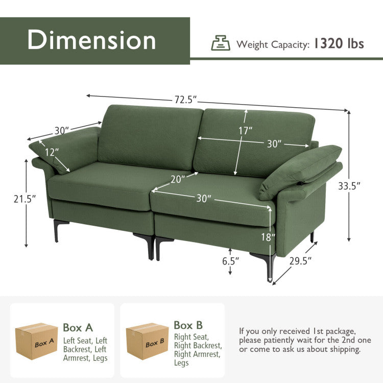 Large 3-Seat Sectional Sofa with Metal Legs - Comfortably Seats 3-4 People