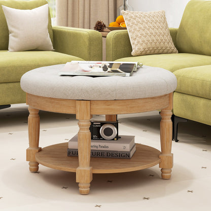 Round Ottoman Coffee Table - 2-Tier Upholstered Tufted Footrest with Convenient Flip-Up Top