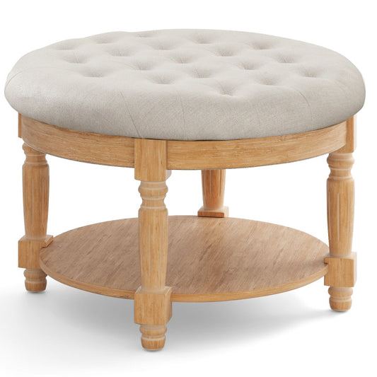 Round Ottoman Coffee Table - 2-Tier Upholstered Tufted Footrest with Convenient Flip-Up Top