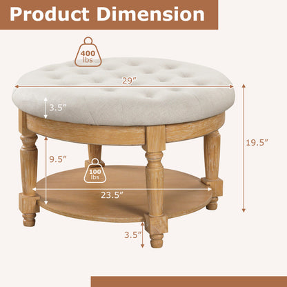 Round Ottoman Coffee Table - 2-Tier Upholstered Tufted Footrest with Convenient Flip-Up Top