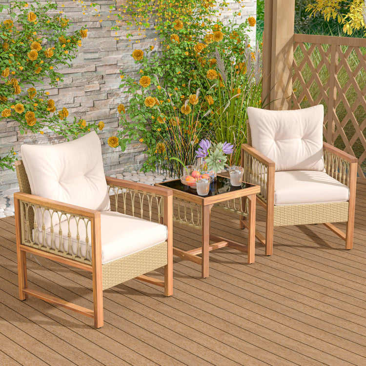 3-Piece Patio Furniture Set with Acacia Wood Frame and Thick Cushions - Outdoor Conversation Set for Backyard