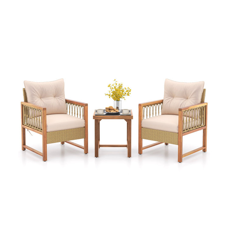 3-Piece Patio Furniture Set with Acacia Wood Frame and Thick Cushions - Outdoor Conversation Set for Backyard