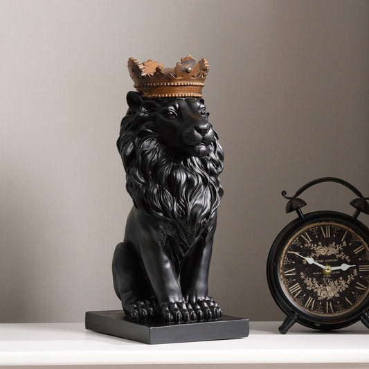 53007-BK - 14.5" H Black Sitting Lion W/ Gold Crown Resin Statue Statue Home Decor Living Room Display