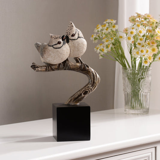 53008-B - Couple Crested Tit On Branch Lifelike Bird Resin Home Tabletop Decor