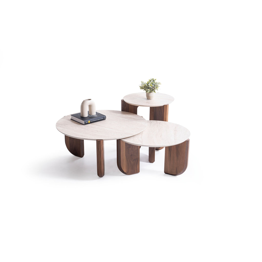 720 Walnut-Travertine 3 Pc Coffee Table Set