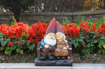 75575-C - Whimsical Serenity: Robert & Sofia Gnome Couple on Bench, Eyes Closed in Love