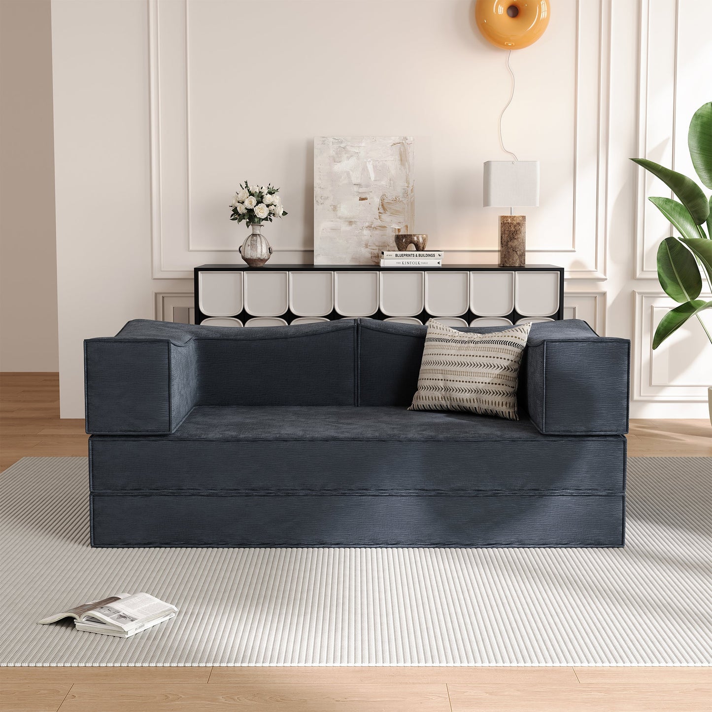 Compressed Sofa with Flannel Upholstery, High-Density Springs & Sponge Filling