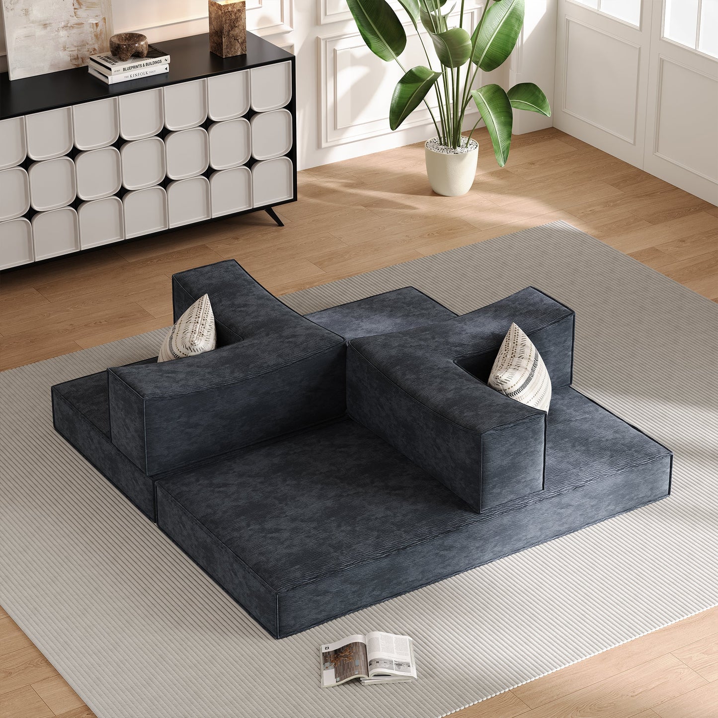 Compressed Sofa with Flannel Upholstery, High-Density Springs & Sponge Filling