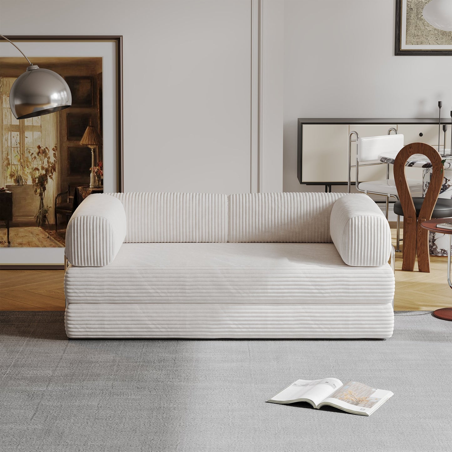 Stylish Compressed Sofa: White & Black Flannel with High-Density Springs