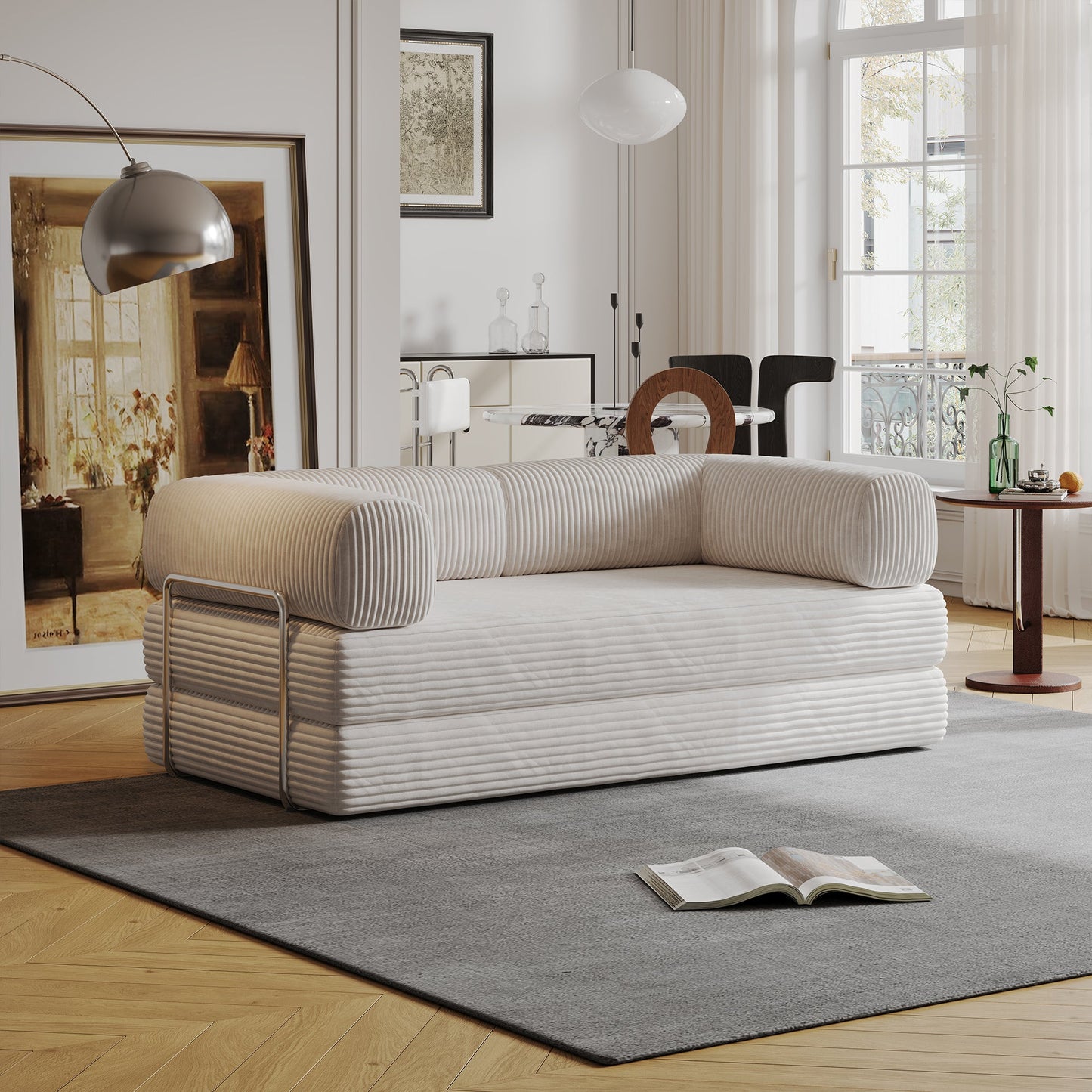 Stylish Compressed Sofa: White & Black Flannel with High-Density Springs