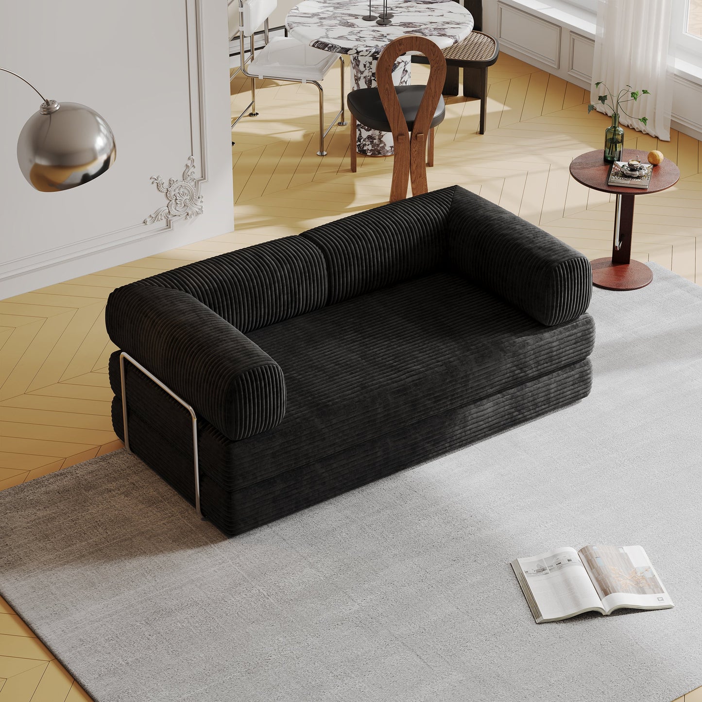 Stylish Compressed Sofa: White & Black Flannel with High-Density Springs