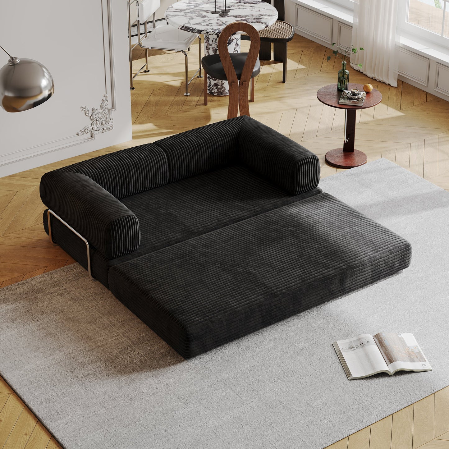 Stylish Compressed Sofa: White & Black Flannel with High-Density Springs