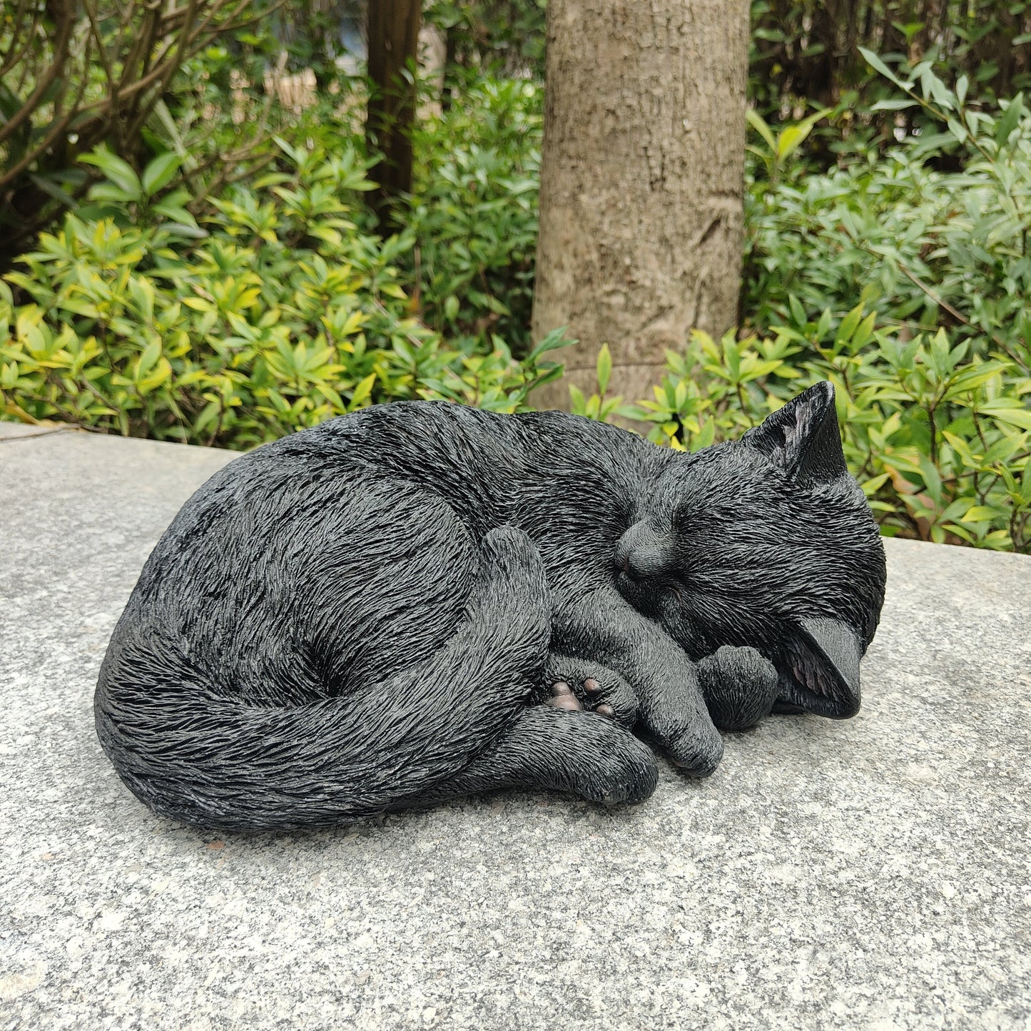 Black Polyresin Sleeping Cat Figurine- Nocturnal Elegance: