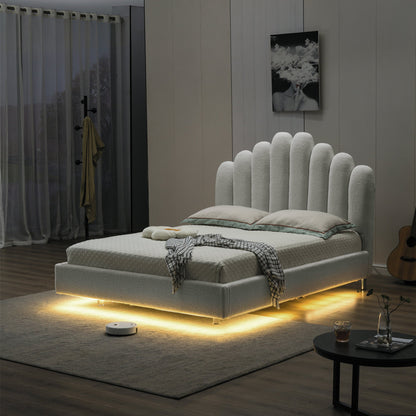 Queen Bed in White Teddy Velvet with High-Density Sponge & Pine Wood Board