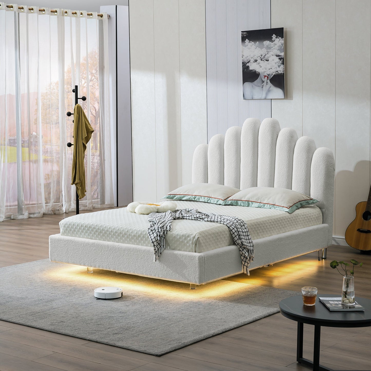 Queen Bed in White Teddy Velvet with High-Density Sponge & Pine Wood Board