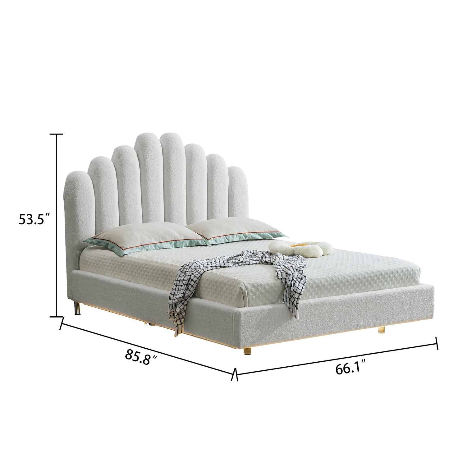 Queen Bed in White Teddy Velvet with High-Density Sponge & Pine Wood Board