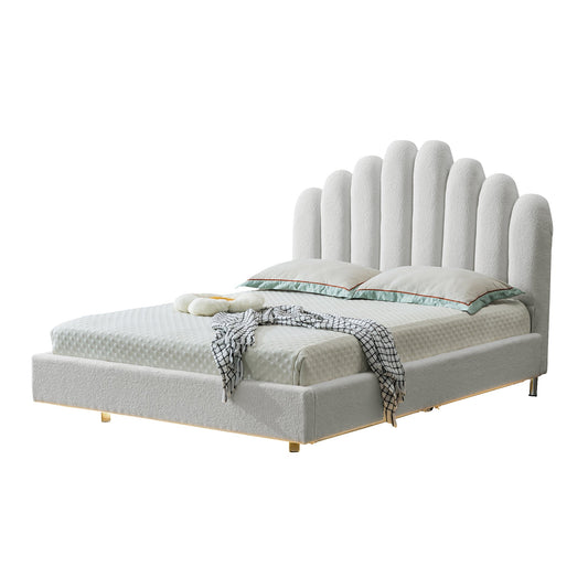 Queen Bed in White Teddy Velvet with High-Density Sponge & Pine Wood Board