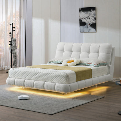 Elegant bed in white teddy velvet and lights