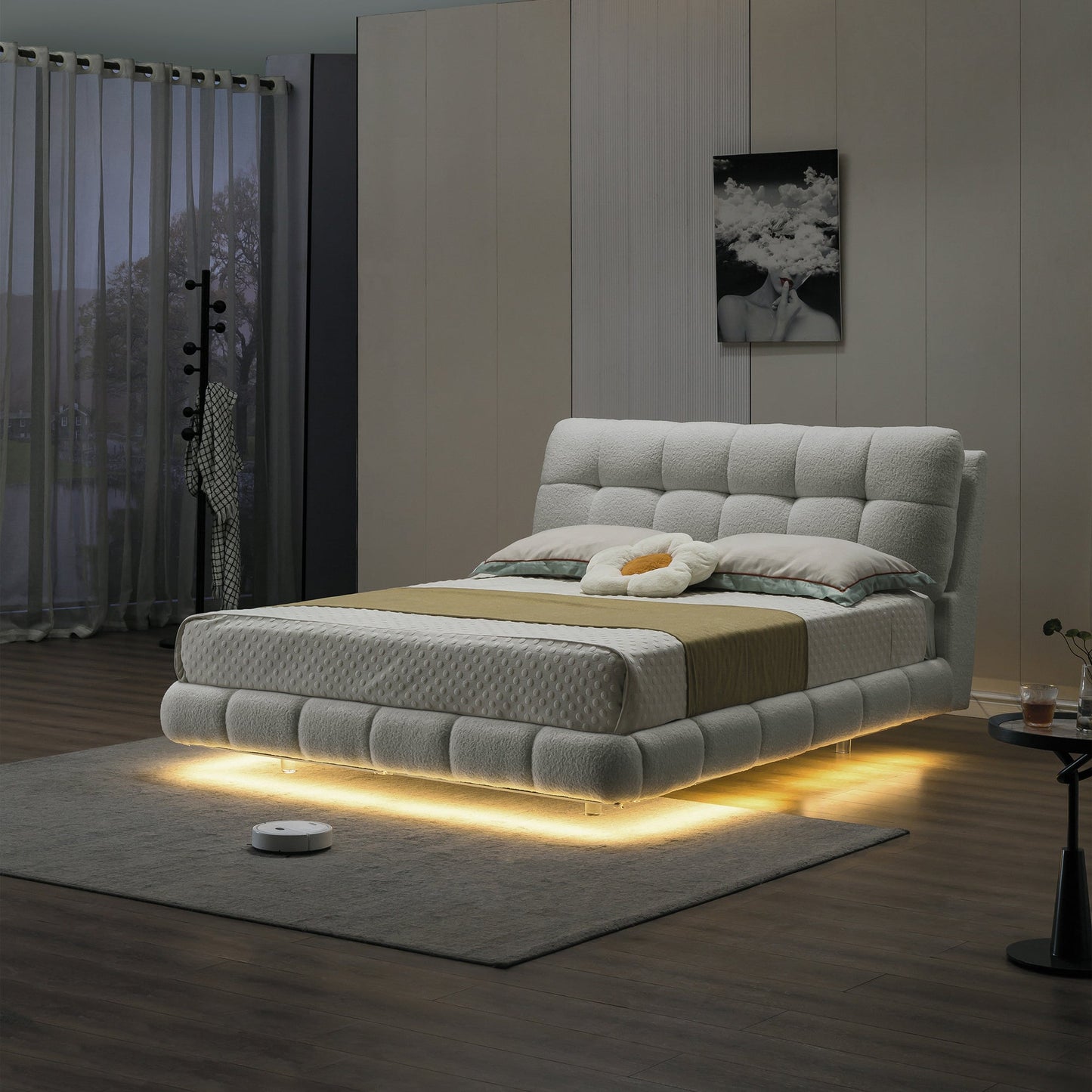 Elegant bed in white teddy velvet and lights