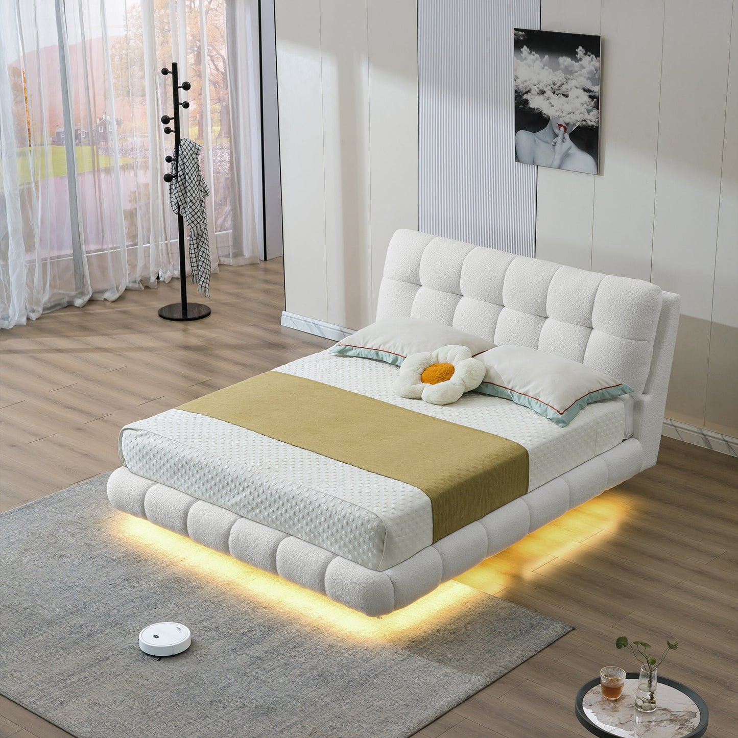 Elegant bed in white teddy velvet and lights