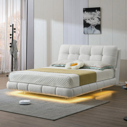 Elegant bed in white teddy velvet and lights