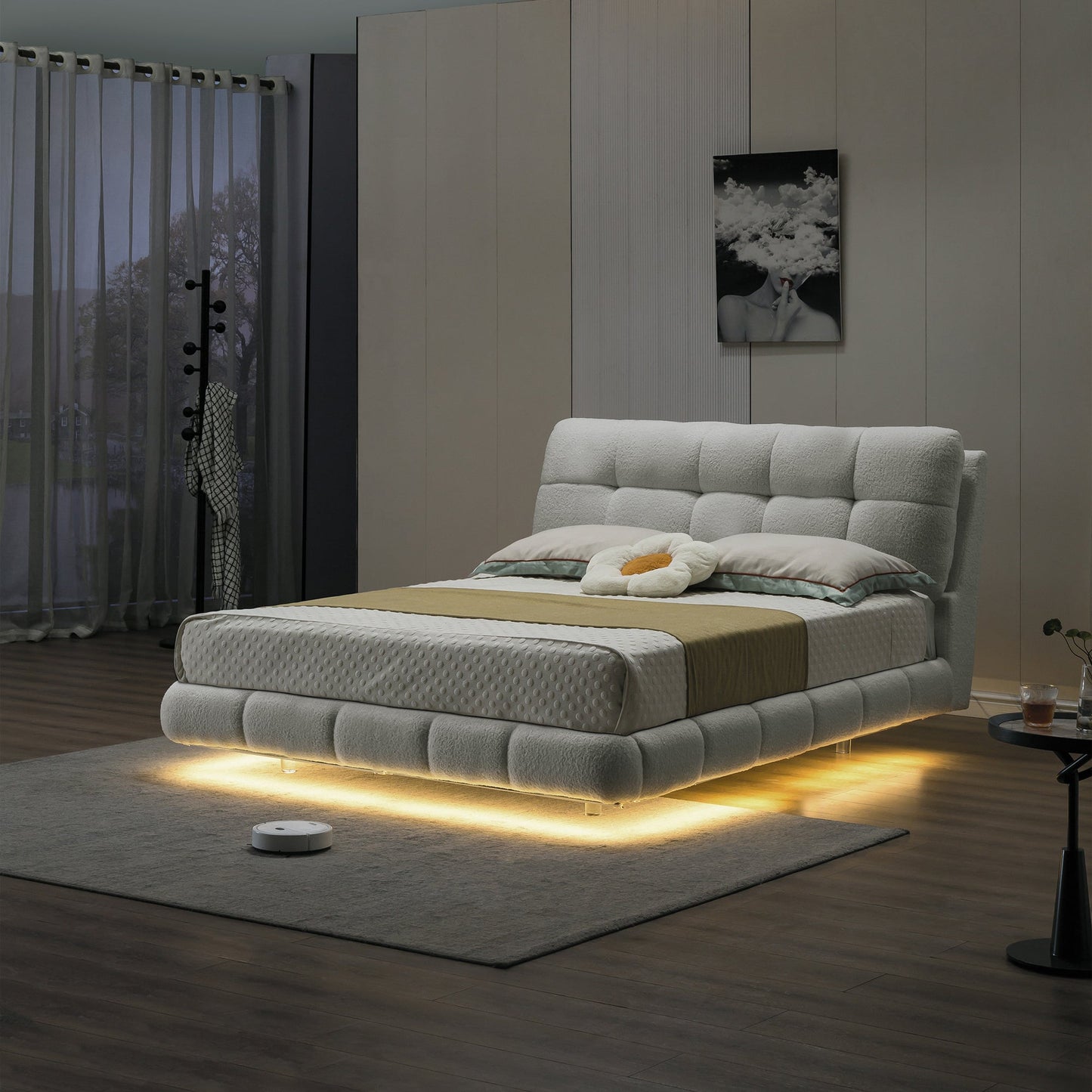 Elegant bed in white teddy velvet and lights