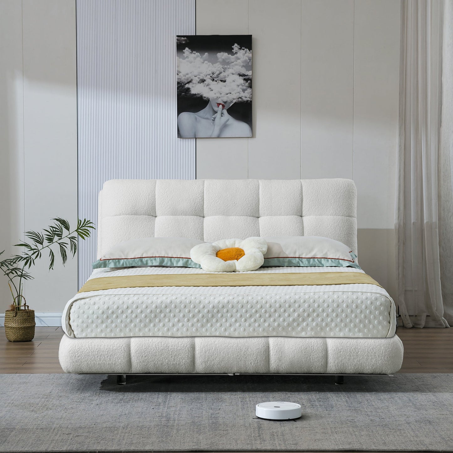 Elegant bed in white teddy velvet and lights