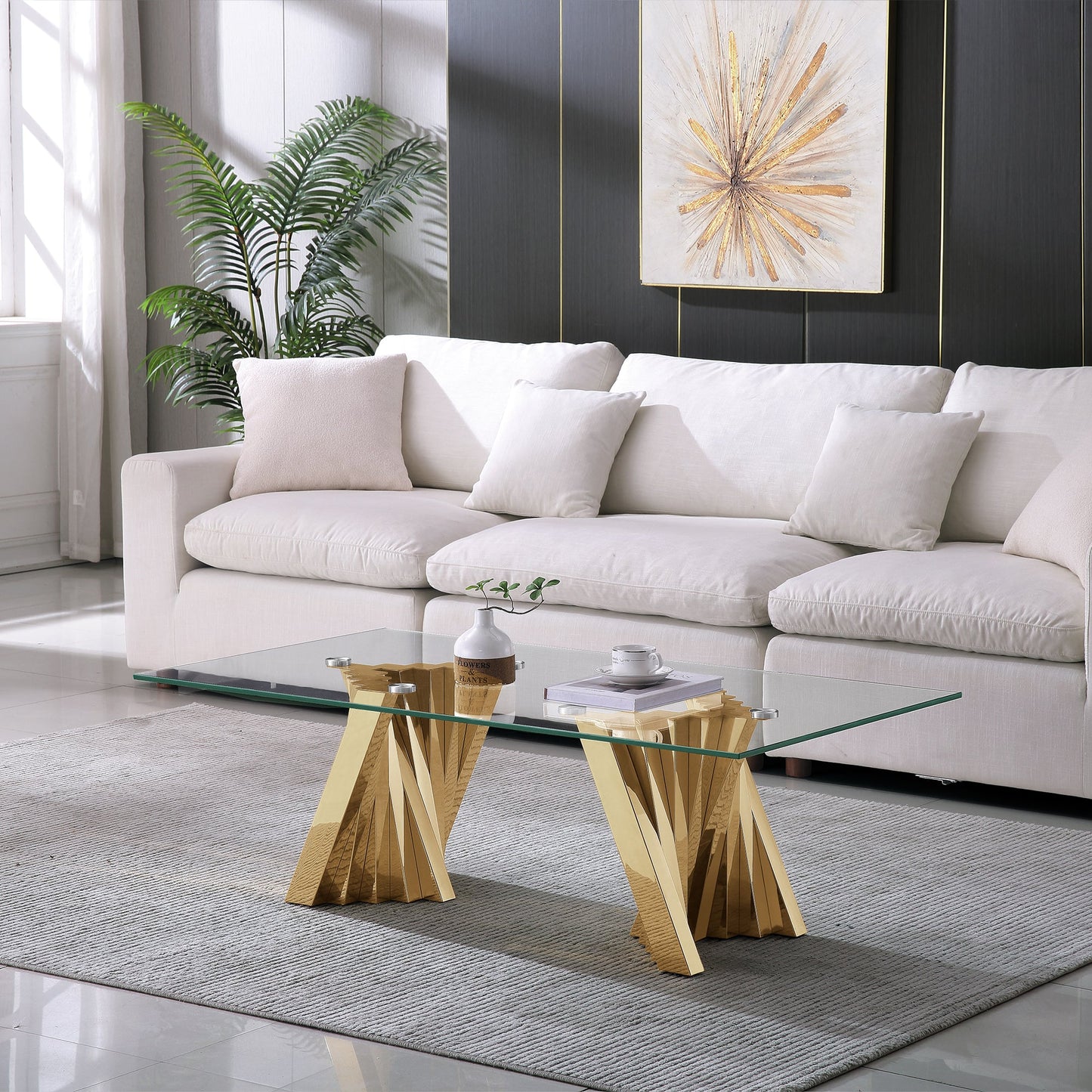 Stylish Coffee Table with 10mm Tempered Glass & Gold/Silver Mirrored Stainless Steel