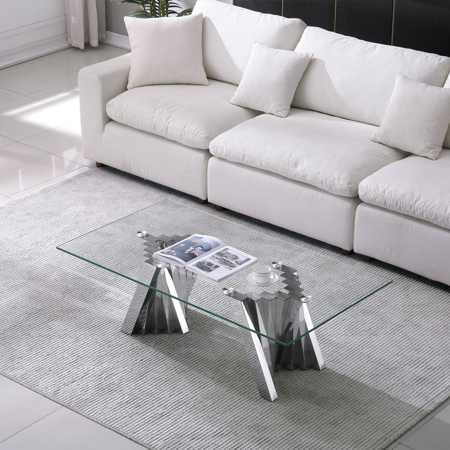 Stylish Coffee Table with 10mm Tempered Glass & Gold/Silver Mirrored Stainless Steel