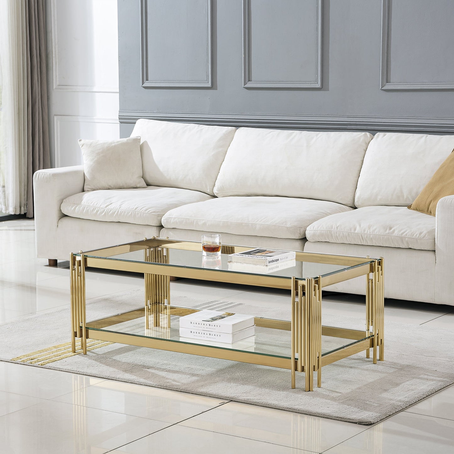 Stylish Coffee Table with 8mm Clear/Black Tempered Glass & Stainless Steel - Gold/Silver Mirrored Finish