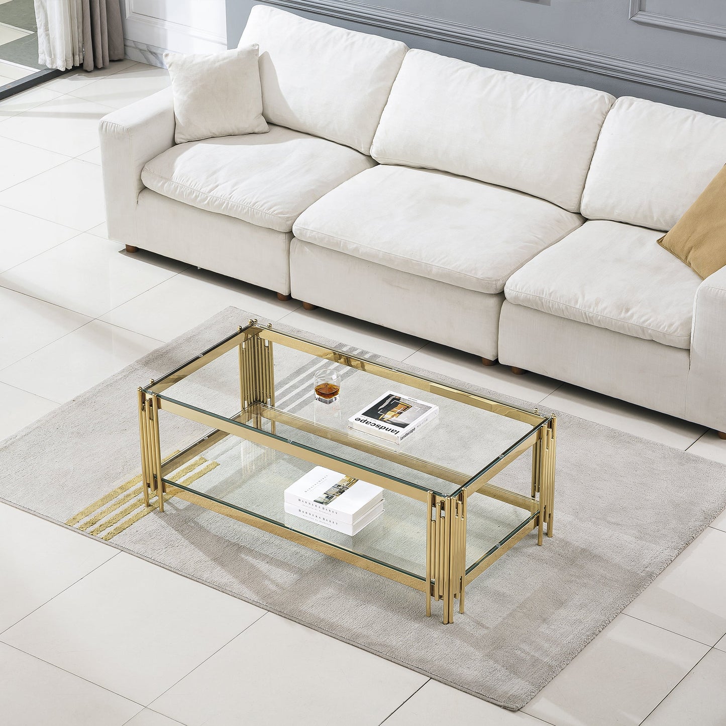 Stylish Coffee Table with 8mm Clear/Black Tempered Glass & Stainless Steel - Gold/Silver Mirrored Finish