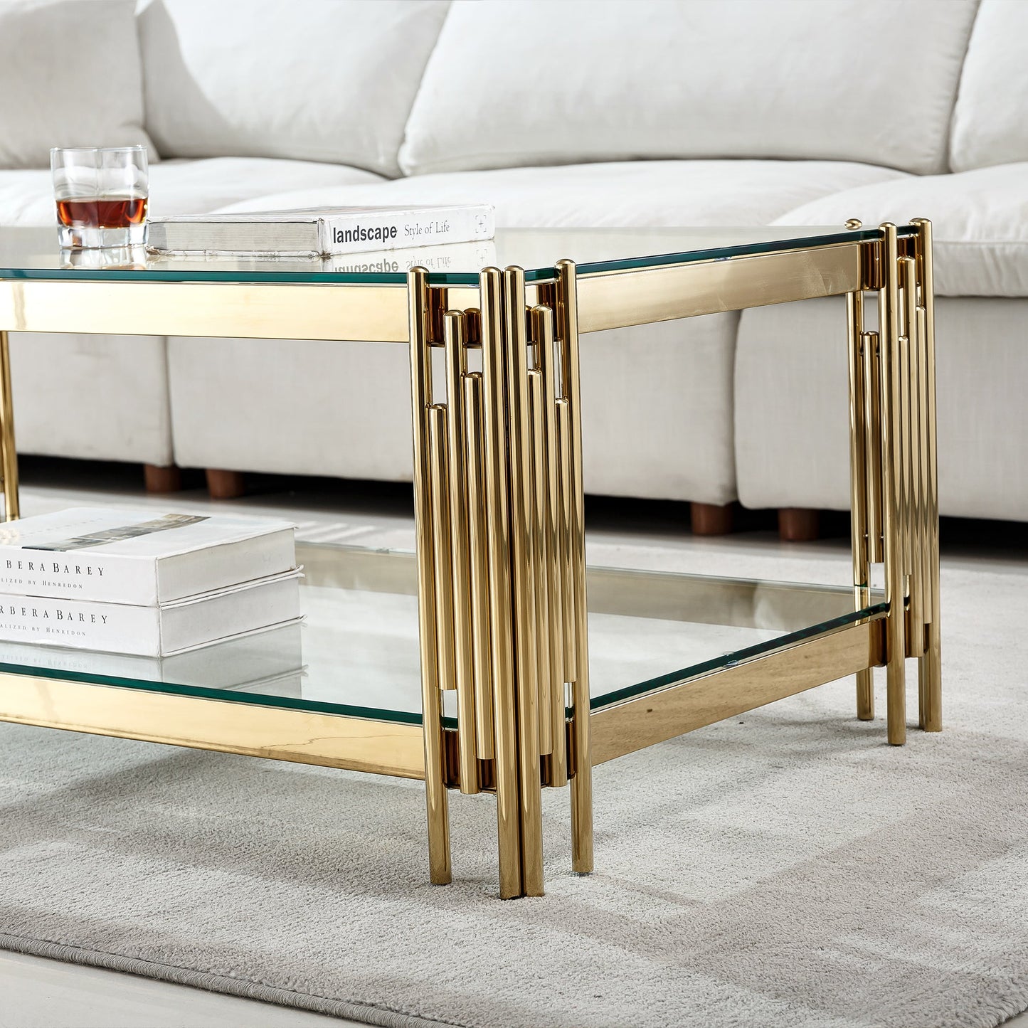 Stylish Coffee Table with 8mm Clear/Black Tempered Glass & Stainless Steel - Gold/Silver Mirrored Finish