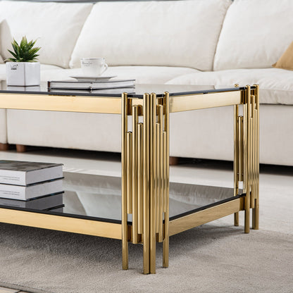 Stylish Coffee Table with 8mm Clear/Black Tempered Glass & Stainless Steel - Gold/Silver Mirrored Finish