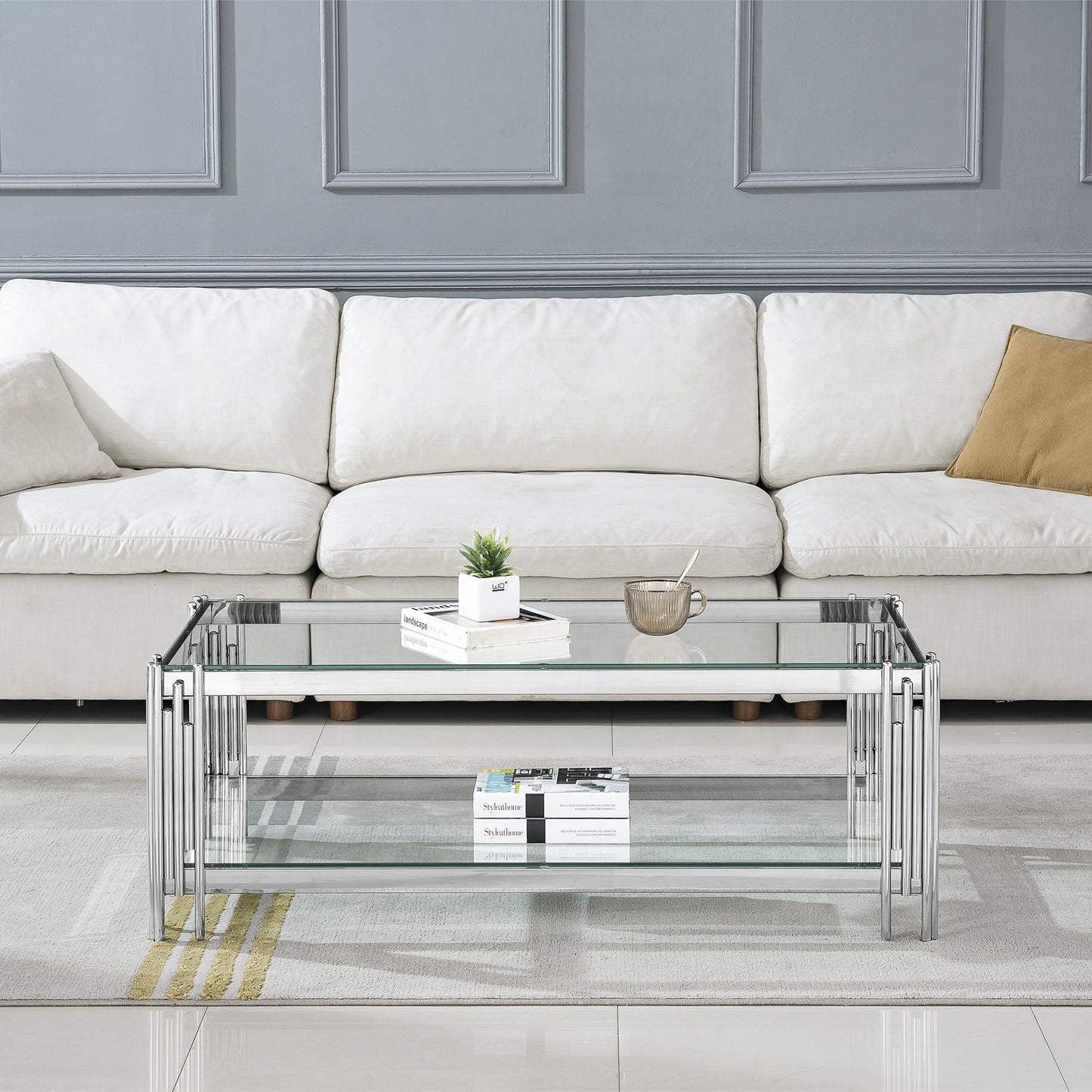 Stylish Coffee Table with 8mm Clear/Black Tempered Glass & Stainless Steel - Gold/Silver Mirrored Finish