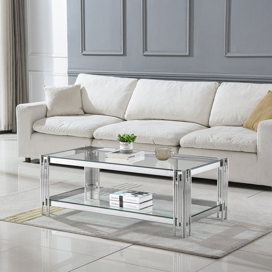 Stylish Coffee Table with 8mm Clear/Black Tempered Glass & Stainless Steel - Gold/Silver Mirrored Finish