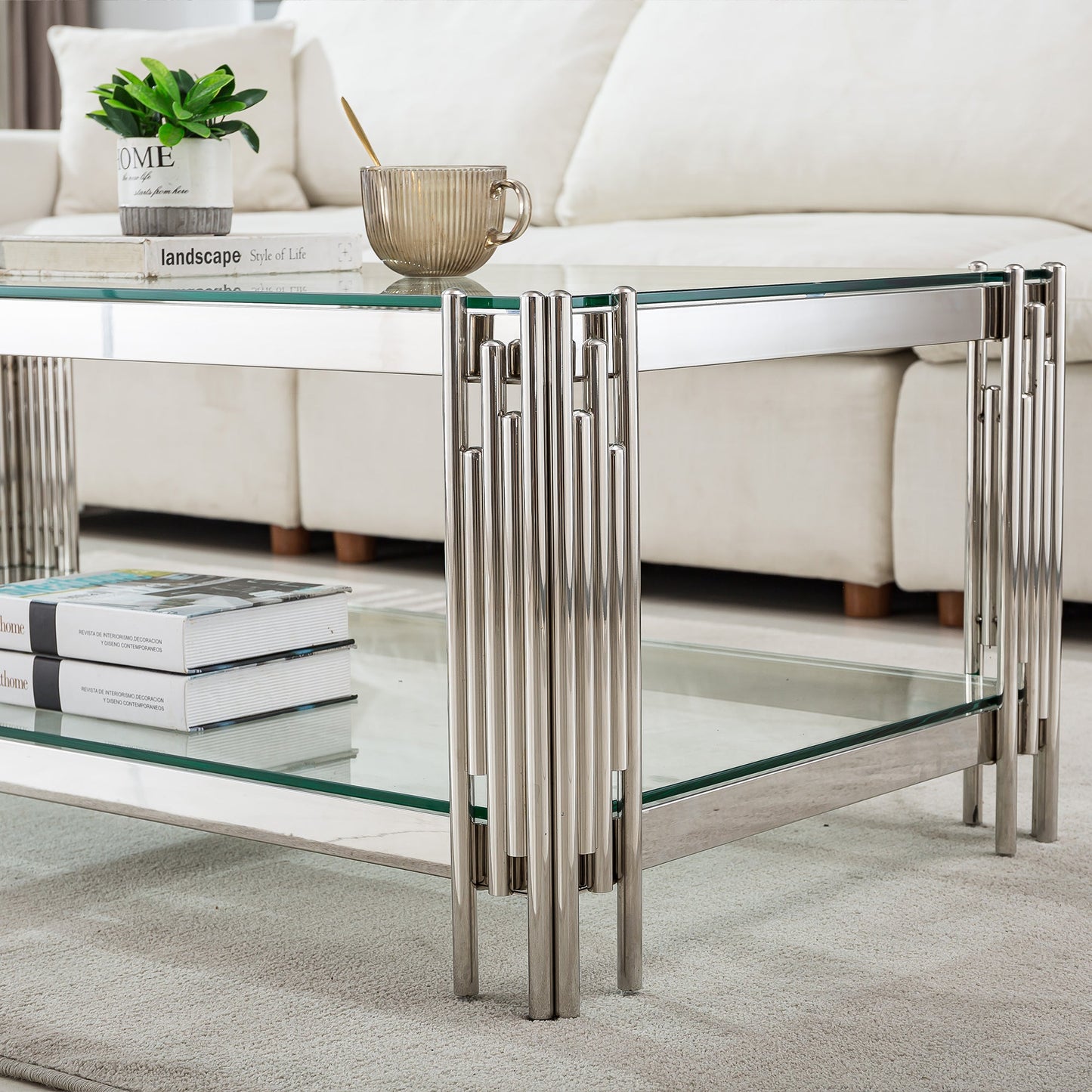 Stylish Coffee Table with 8mm Clear/Black Tempered Glass & Stainless Steel - Gold/Silver Mirrored Finish