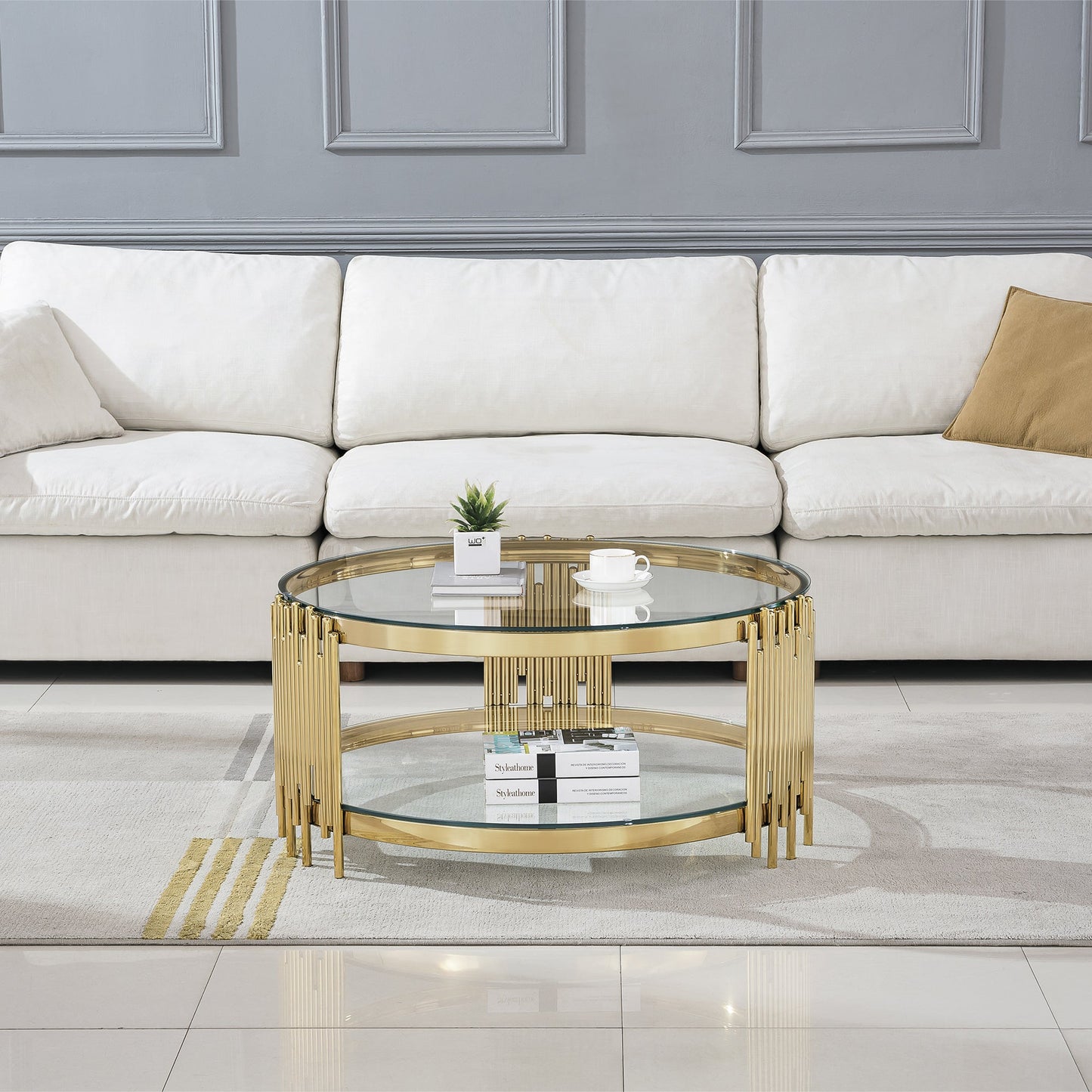 Modern Coffee Table with 8mm Clear/Black Tempered Glass & Stainless Steel - Gold/Silver Mirrored Finish