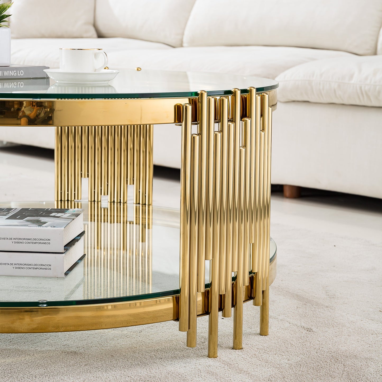 Modern Coffee Table with 8mm Clear/Black Tempered Glass & Stainless Steel - Gold/Silver Mirrored Finish