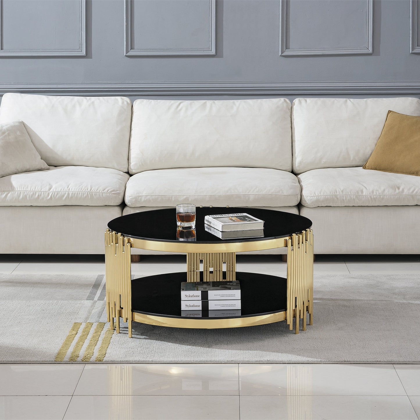 Modern Coffee Table with 8mm Clear/Black Tempered Glass & Stainless Steel - Gold/Silver Mirrored Finish