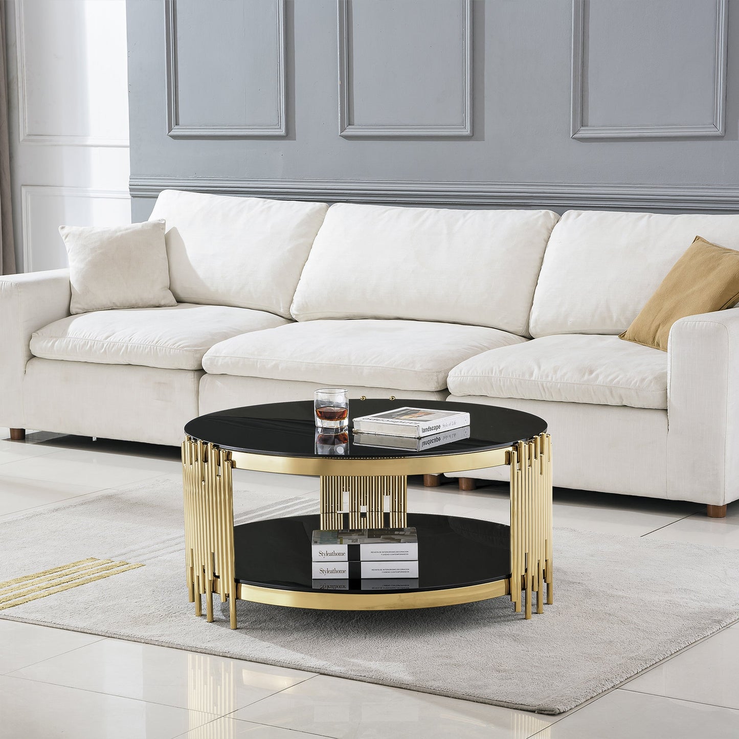 Modern Coffee Table with 8mm Clear/Black Tempered Glass & Stainless Steel - Gold/Silver Mirrored Finish