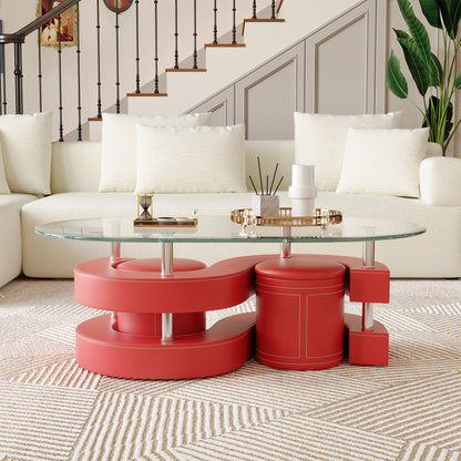 Stylish Oval Coffee Table Set with Tempered Glass & Round Stools