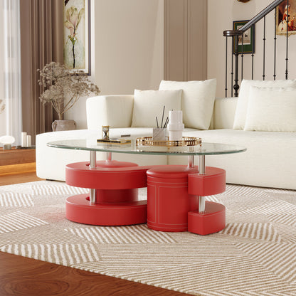 Stylish Oval Coffee Table Set with Tempered Glass & Round Stools