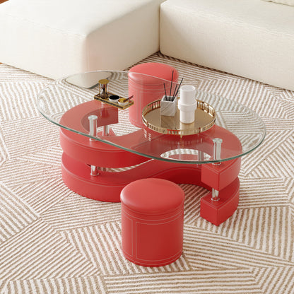 Stylish Oval Coffee Table Set with Tempered Glass & Round Stools