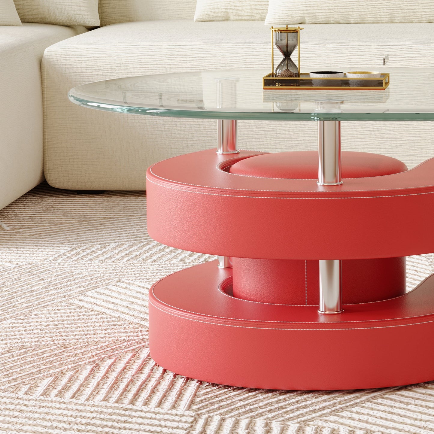 Stylish Oval Coffee Table Set with Tempered Glass & Round Stools