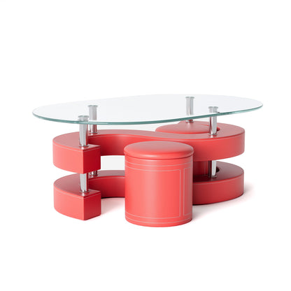 Stylish Oval Coffee Table Set with Tempered Glass & Round Stools