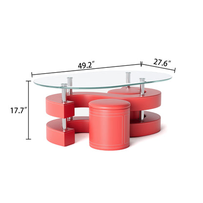 Stylish Oval Coffee Table Set with Tempered Glass & Round Stools