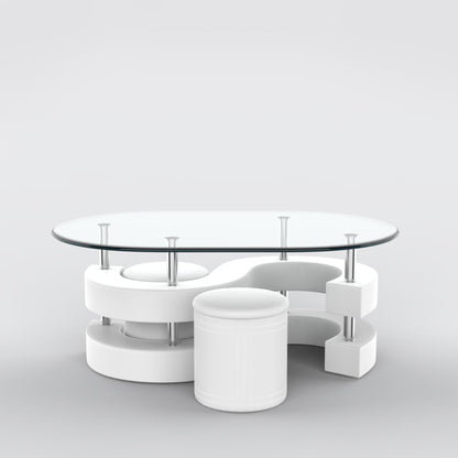 Stylish Oval Coffee Table Set with Tempered Glass & Round Stools