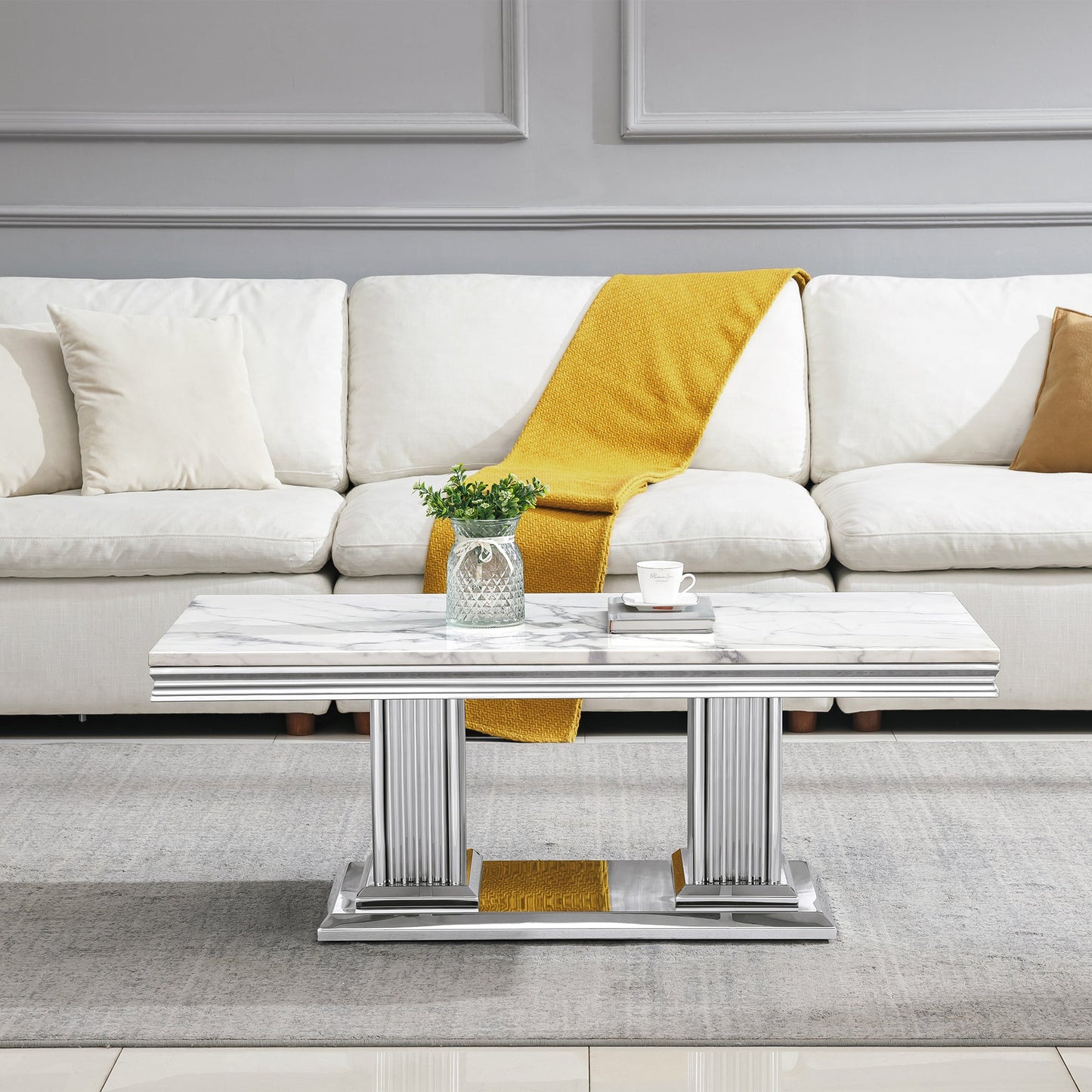 Elegant Coffee Table with 18mm White Marble Top & Gold Mirrored Stainless Steel Base