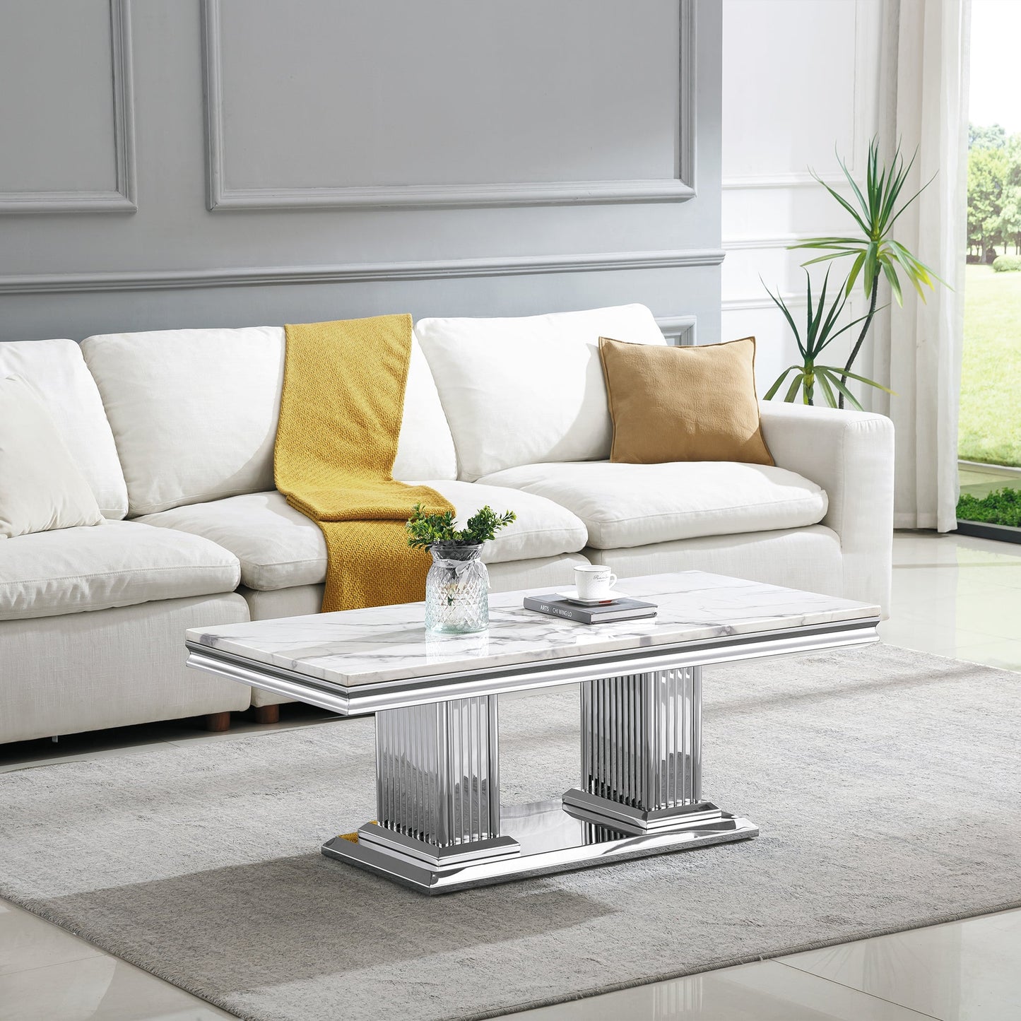 Elegant Coffee Table with 18mm White Marble Top & Gold Mirrored Stainless Steel Base